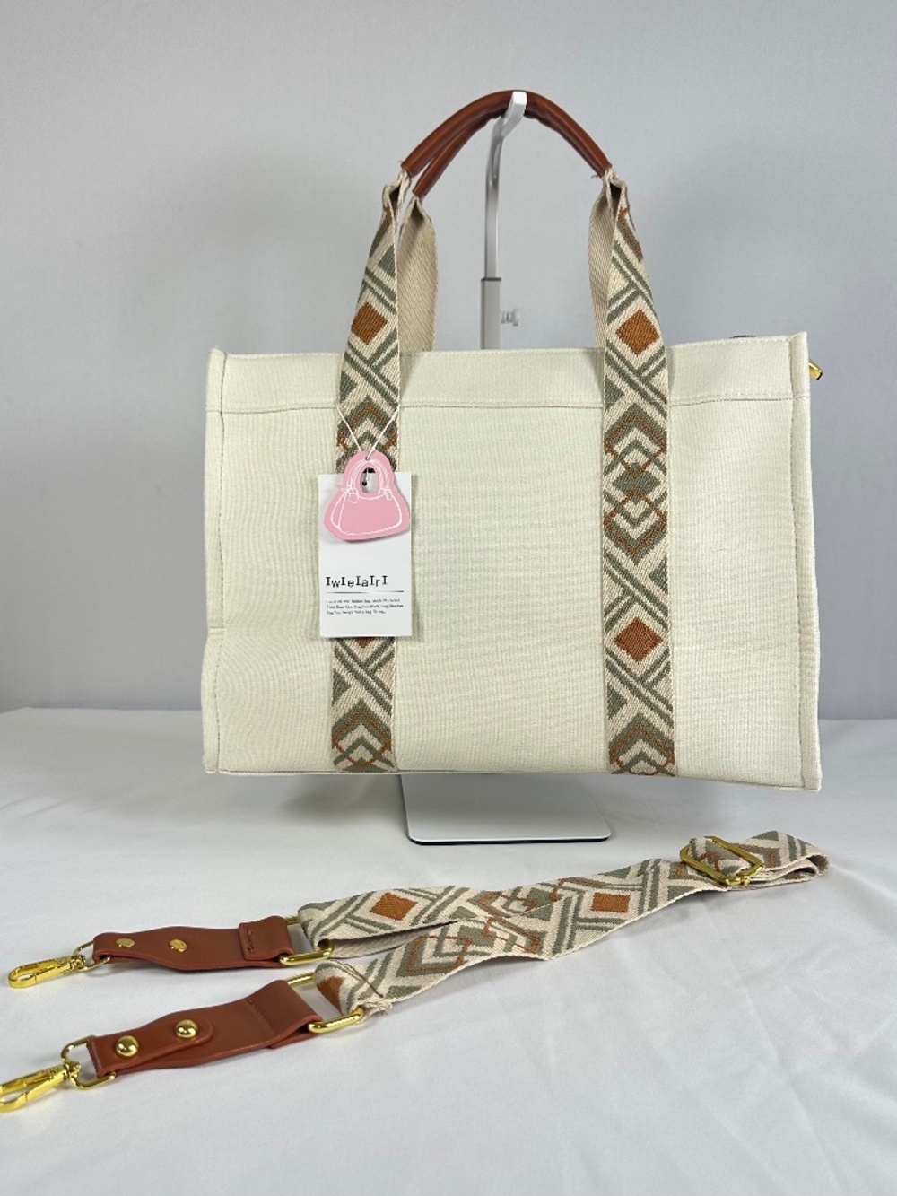 Canvas Tote/Computer/Laptop Purse Bag Beige Brown Handles Shoulder Strap NWT